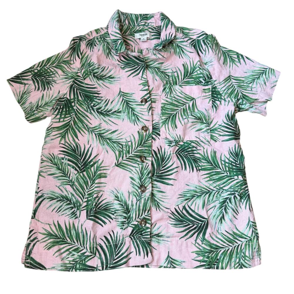 Kensie Camp Shirt Pink Palm Frond Linen Button Down Collared Beachy Summer